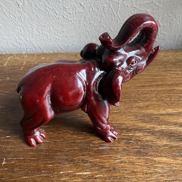 Lucky Elephant Trunk Up Statue Figurine 6" Long Deep Red Resin figure tusk - Picture 3 of 14